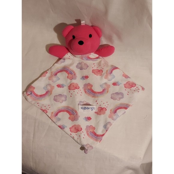 Max & Olivia Mini Hot Pink Bear With Rainbows Clouds Rain Blanket Lovey - Picture 1 of 12